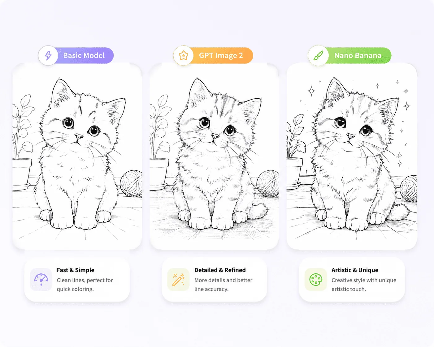 Multiple AI models for coloring page generation
